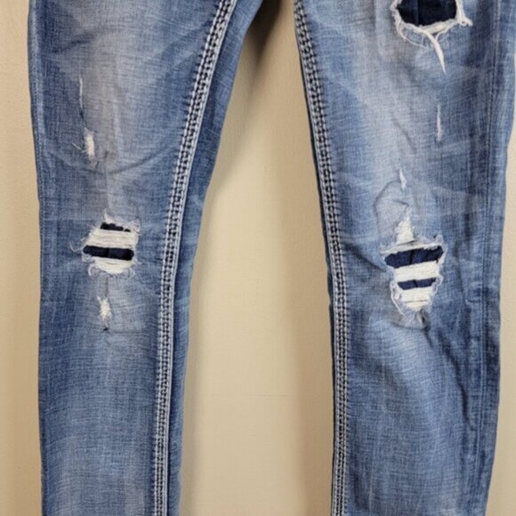 Rock Revival Vitual Pink Mid Rise Straight Patch Distressed Medium Wash Jeans 27 - Picture 9 of 16